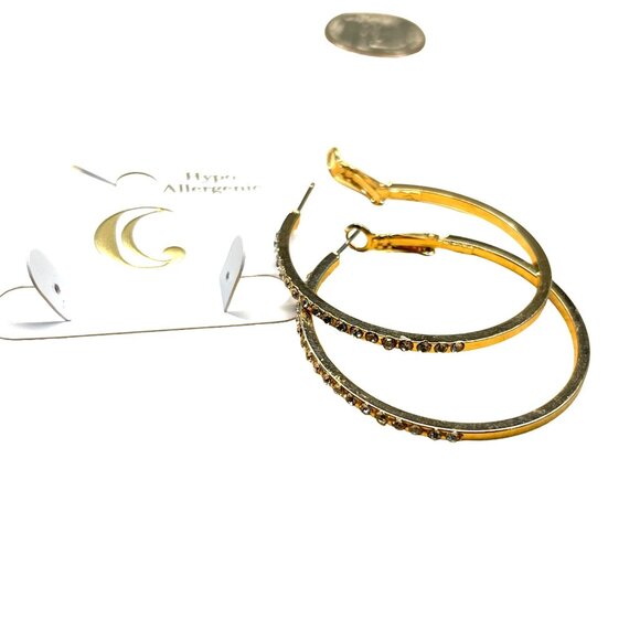 Charming Charlie MRSP $22 Gold Tone Rhinestone Hoop Earrings Hypoallergenic Pier - Picture 1 of 6